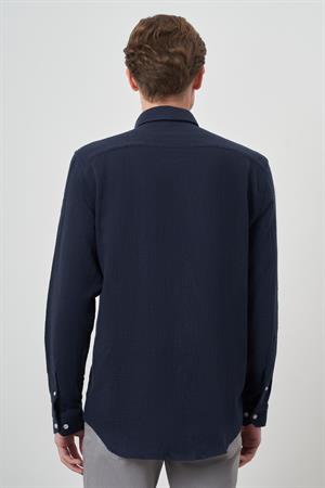 Morven Erkek Lacivert Trend Keten Slim Fit Düğmeli Yaka Gömlek