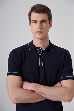 Morven Erkek Lacivert Trend Polo Yaka Jakarlı Triko T-Shirt
