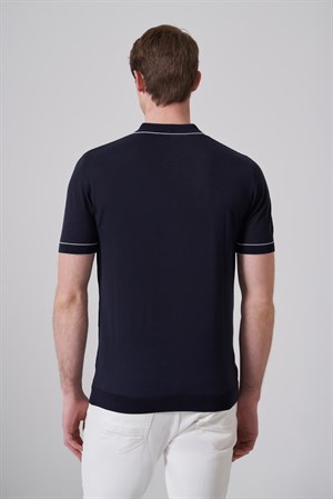 Morven Erkek Lacivert Trend Polo Yaka Jakarlı Triko T-Shirt