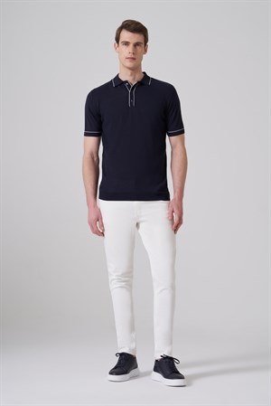 Morven Erkek Lacivert Trend Polo Yaka Jakarlı Triko T-Shirt