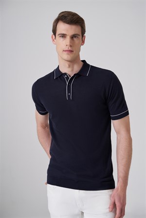 Morven Erkek Lacivert Trend Polo Yaka Jakarlı Triko T-Shirt