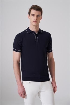 Morven Erkek Lacivert Trend Polo Yaka Jakarlı Triko T-Shirt