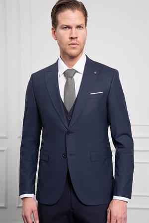 Morven Erkek Lacivert Trend Yelekli Kombinli Yünlü Slim Fit Sivri Yaka Takım Elbise
