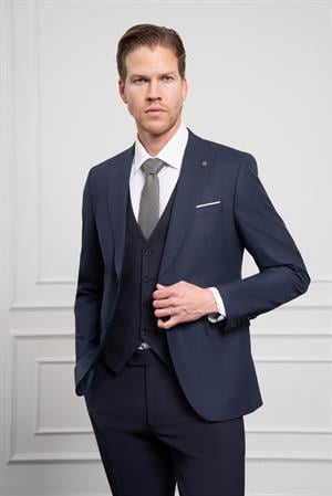 Morven Erkek Lacivert Trend Yelekli Kombinli Yünlü Slim Fit Sivri Yaka Takım Elbise