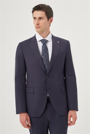 Morven Erkek Lacivert Yünlü  8-Drop Trend Çizgili Slim Fit Sivri Yaka Takım Elbise