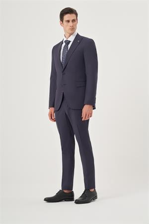 Morven Erkek Lacivert Yünlü  8-Drop Trend Çizgili Slim Fit Sivri Yaka Takım Elbise