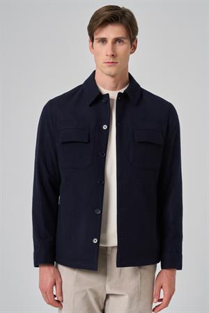 Morven Erkek Lacivert Yünlü Berberi Yaka Çift Kapak Cepli Gömlek Ceket