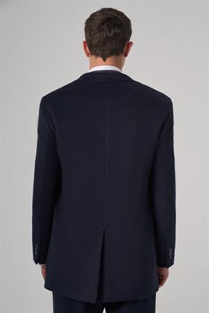 Morven Erkek Lacivert Yünlü Düz Dynamic Fit Sivri Yaka Kaban