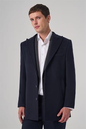 Morven Erkek Lacivert Yünlü Düz Dynamic Fit Sivri Yaka Kaban