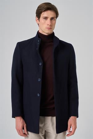 Morven Erkek Lacivert Yünlü Düz Dynamic Fit Hakim Yaka Kaban