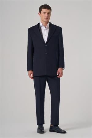 Morven Erkek Lacivert Yünlü Düz Dynamic Fit Sivri Yaka Kaban