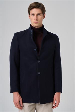 Morven Erkek Lacivert Yünlü Düz Dynamic Fit Hakim Yaka Kaban