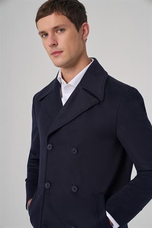 Morven Erkek Lacivert Yünlü Kruvaze Dynamic Fit Sivri Yaka Kaban