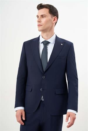 Morven Erkek Lacivert Yünlü Platinium Ekoseli Slim Fit Mono Yaka Takım Elbise