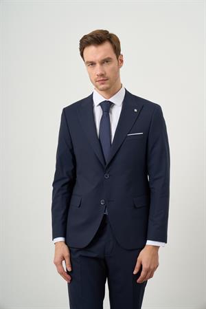 Morven Erkek Lacivert Yünlü Platinium Düz Desen Slim Fit Sivri Yaka Takım Elbise