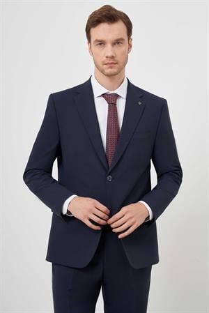 Morven Erkek Lacivert Yünlü Platinium Düz Desen Dynamic Fit Mono Yaka Takım Elbise