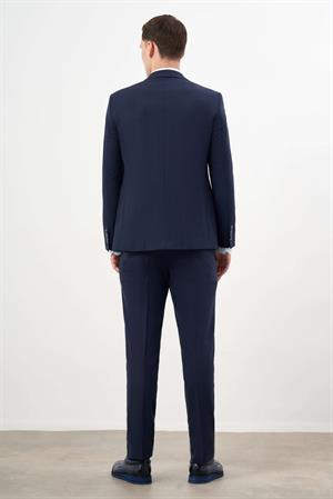 Morven Erkek Lacivert Yünlü Platinium Ekoseli Slim Fit Mono Yaka Takım Elbise