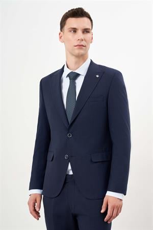 Morven Erkek Lacivert Yünlü Platinium Ekoseli Slim Fit Mono Yaka Takım Elbise