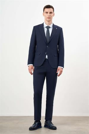 Morven Erkek Lacivert Yünlü Platinium Ekoseli Slim Fit Mono Yaka Takım Elbise