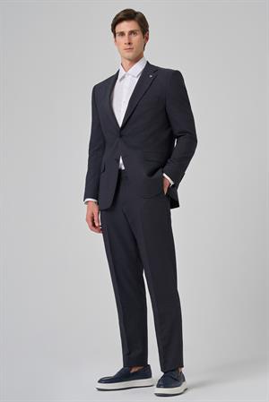 Morven Erkek Lacivert Yünlü Trend Desenli Dynamic Fit Mono Yaka Takım Elbise