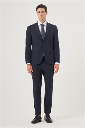 Morven Erkek Lacivert Yünlü Trend Ekoseli Slim Fit Sivri Yaka Takım Elbise