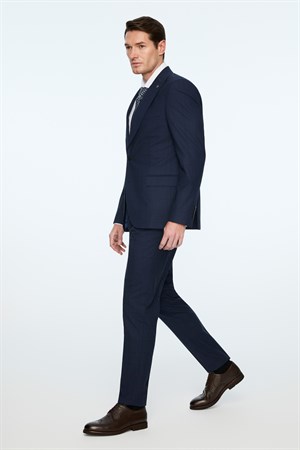 Morven Erkek Lacivert Yünlü Trend Ekose Slim Fit Mono Yaka Takım Elbise