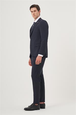 Morven Erkek Lacivert Yünlü Trend Ekoseli Slim Fit Sivri Yaka Takım Elbise