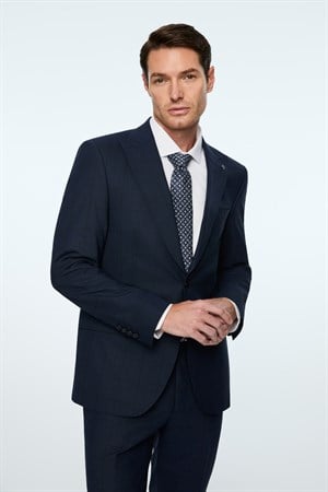 Morven Erkek Lacivert Yünlü Trend Ekose Slim Fit Mono Yaka Takım Elbise