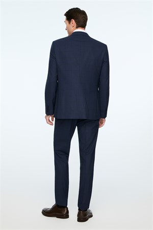 Morven Erkek Lacivert Yünlü Trend Ekose Slim Fit Mono Yaka Takım Elbise