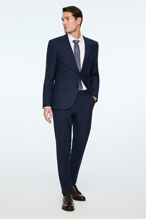 Morven Erkek Lacivert Yünlü Trend Ekose Slim Fit Mono Yaka Takım Elbise