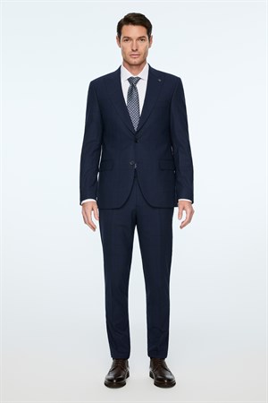Morven Erkek Lacivert Yünlü Trend Ekose Slim Fit Mono Yaka Takım Elbise