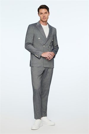 Morven Erkek Marine Keten Trend Desenli Slim Fit Sivri Yaka Kruvaze Takım Elbise