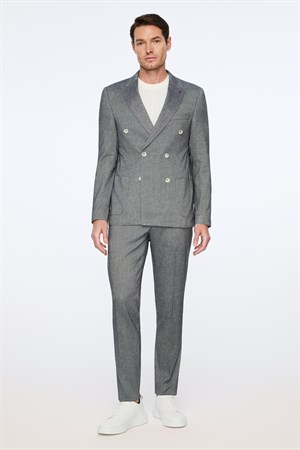Morven Erkek Marine Keten Trend Desenli Slim Fit Sivri Yaka Kruvaze Takım Elbise