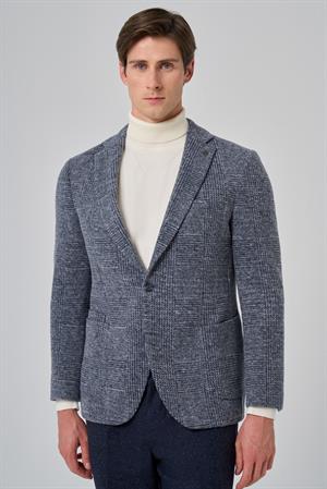 Morven Erkek Marine Örme Trend Ekoseli Slim Fit Mono Yaka Ceket