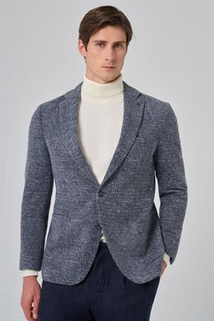 Morven Erkek Marine Örme Trend Ekoseli Slim Fit Mono Yaka Ceket