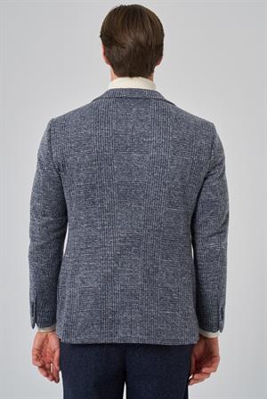 Morven Erkek Marine Örme Trend Ekoseli Slim Fit Mono Yaka Ceket