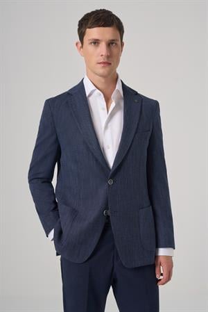 Morven Erkek Marine Poliviskon Trend Desenli Dynamic Fit Mono Yaka Ceket