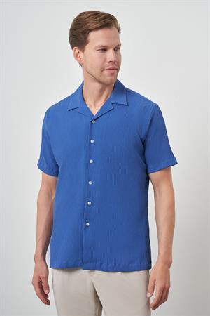 Morven Erkek Mavi Apaş Yaka Kısa Kol Gömlek