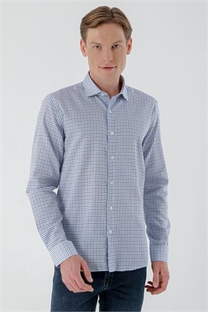 Morven Erkek Mavi B.Gabardin Pamuk Desenli Slim Fit Gömlek