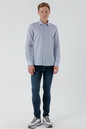 Morven Erkek Mavi B.Gabardin Pamuk Desenli Slim Fit Gömlek