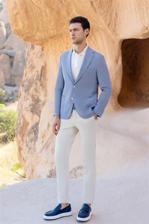 Morven Erkek Mavi Dokuma Slim Fit Torba Cep Mono Yaka Spor Ceket