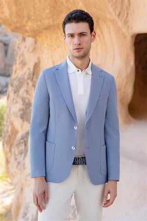 Morven Erkek Mavi Dokuma Slim Fit Torba Cep Mono Yaka Spor Ceket