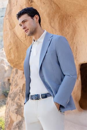 Morven Erkek Mavi Dokuma Slim Fit Torba Cep Mono Yaka Spor Ceket