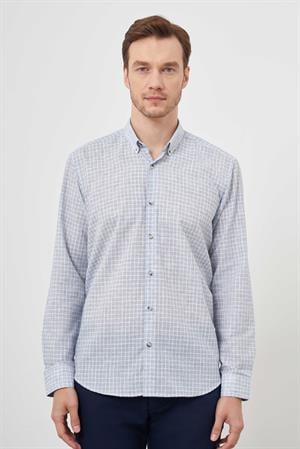 Morven Erkek Mavi Keten Ekoseli Düğmeli Yaka Regular Fit Gömlek
