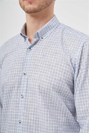 Morven Erkek Mavi Keten Ekoseli Düğmeli Yaka Regular Fit Gömlek