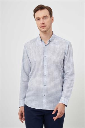 Morven Erkek Mavi Keten Ekoseli Düğmeli Yaka Regular Fit Gömlek