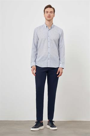 Morven Erkek Mavi Keten Ekoseli Düğmeli Yaka Regular Fit Gömlek