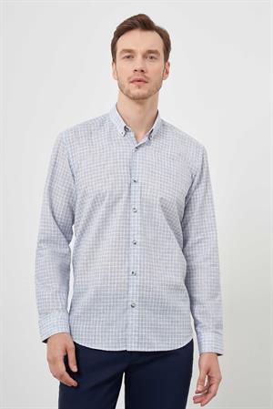 Morven Erkek Mavi Keten Ekoseli Düğmeli Yaka Regular Fit Gömlek