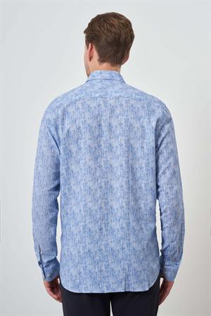 Morven Erkek Mavi Keten Trend Dynamic Fit Düğmeli Yaka Gömlek