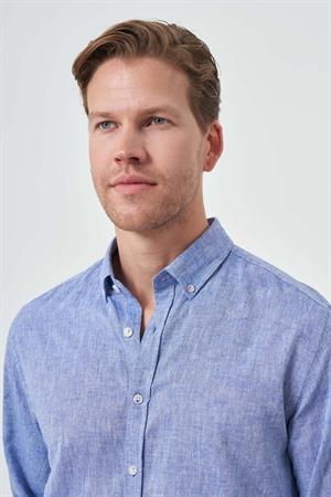 Morven Erkek Mavi Keten Trend Dynamic Fit Düğmeli Yaka Gömlek